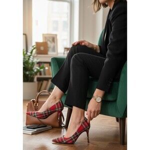 DESIGNER J CREW RED PLAID POINTED TOE 3 1/2 " HEEL PUMPS 7.5 M